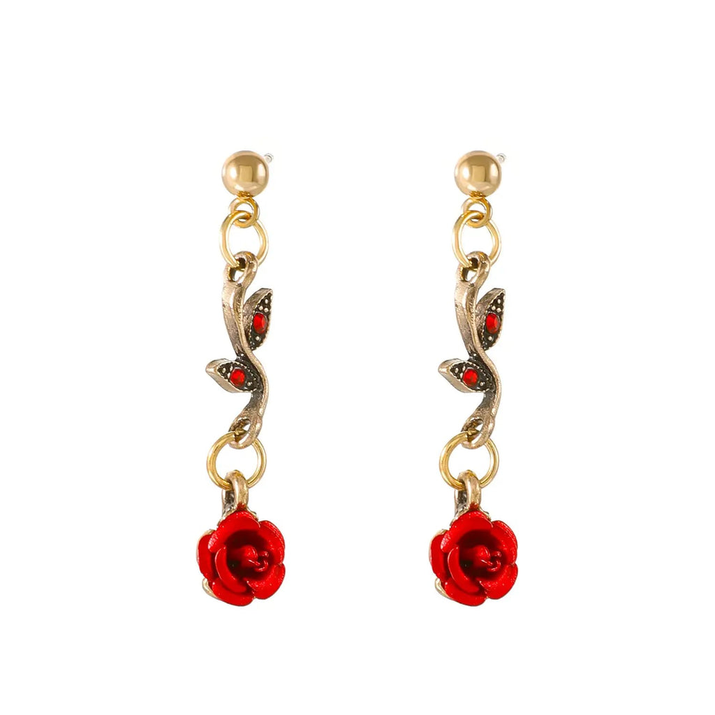 Vintage Crimson Rose Jewelry Set – Necklace, Bracelet &amp; Earrings (3-Piece)