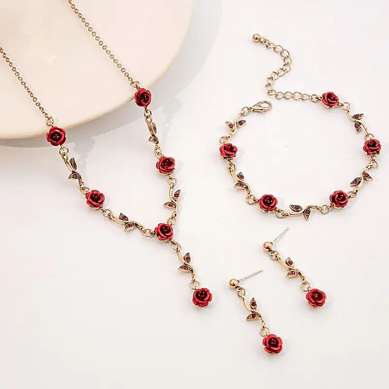 Vintage Crimson Rose Jewelry Set – Necklace, Bracelet &amp; Earrings (3-Piece)