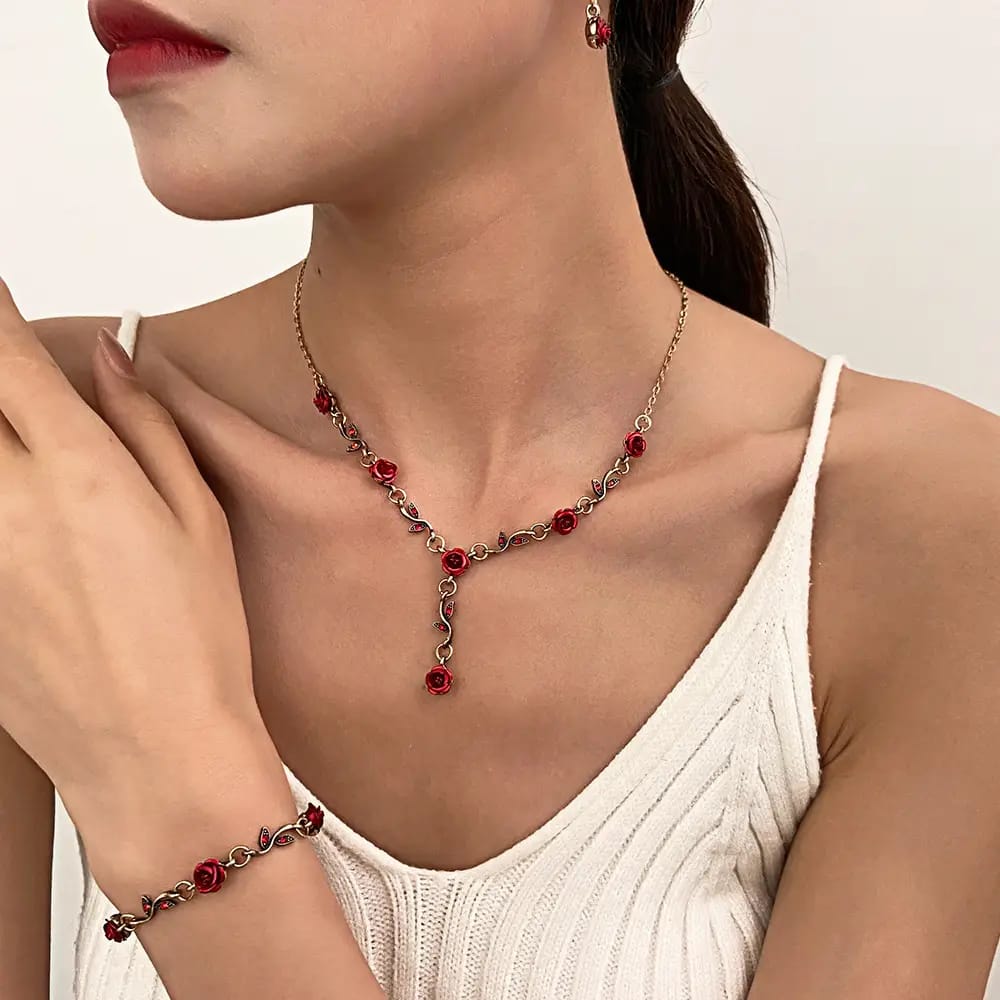 Vintage Crimson Rose Jewelry Set – Necklace, Bracelet &amp; Earrings (3-Piece)