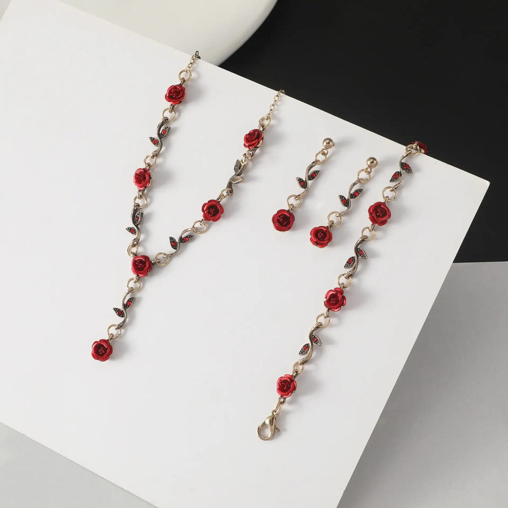 Vintage Crimson Rose Jewelry Set – Necklace, Bracelet &amp; Earrings (3-Piece)