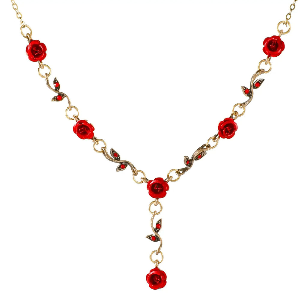 Vintage Crimson Rose Jewelry Set – Necklace, Bracelet &amp; Earrings (3-Piece)