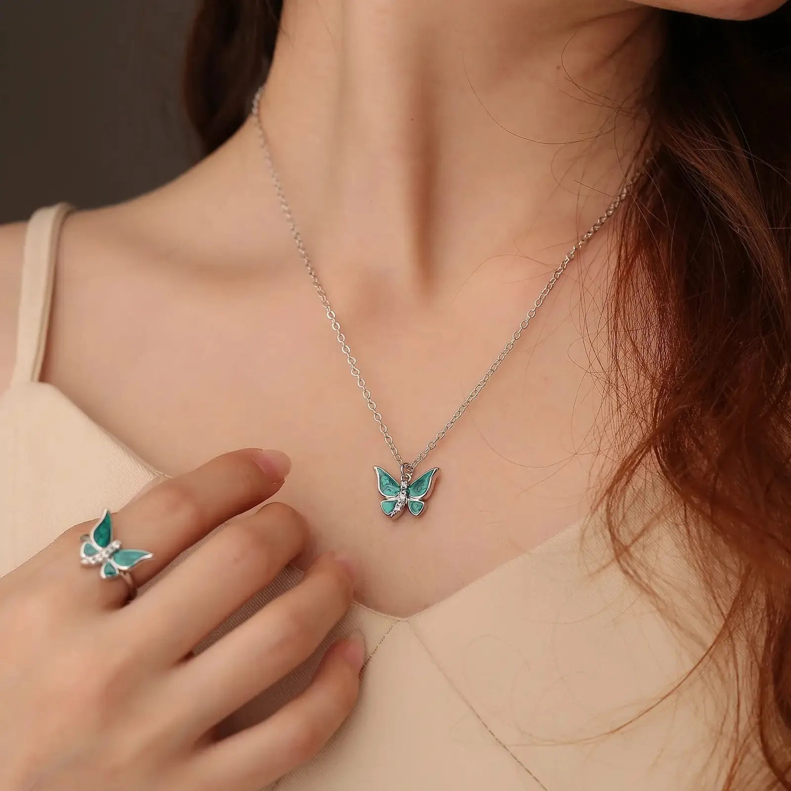 Enchanted Pink Butterfly Jewelry Set – Necklace, Earrings &amp; Adjustable Ring (3-Piece)