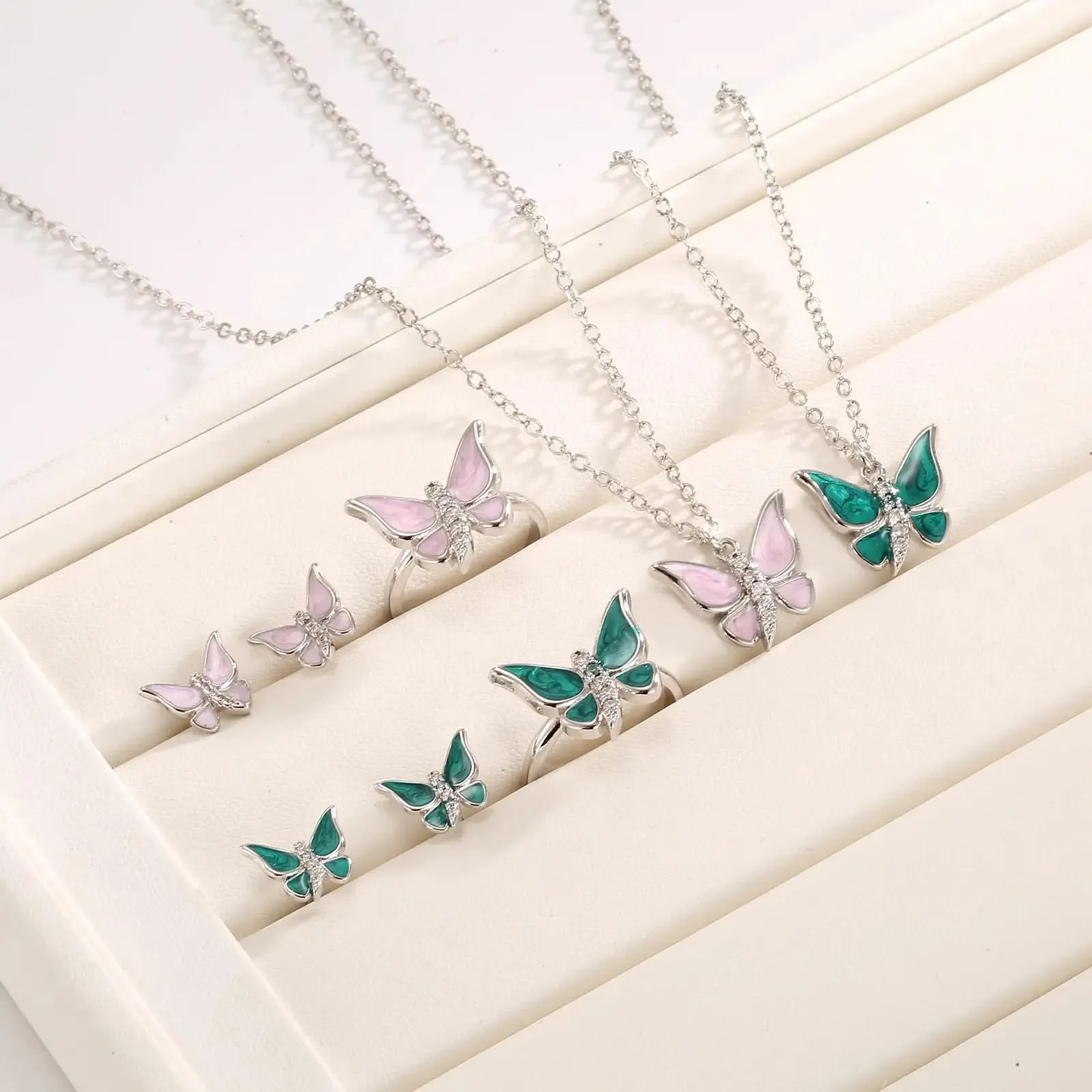 Enchanted Pink Butterfly Jewelry Set – Necklace, Earrings &amp; Adjustable Ring (3-Piece)