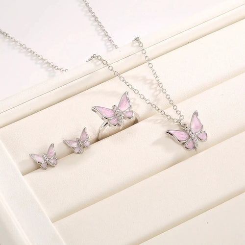 Enchanted Pink Butterfly Jewelry Set – Necklace, Earrings &amp; Adjustable Ring (3-Piece)
