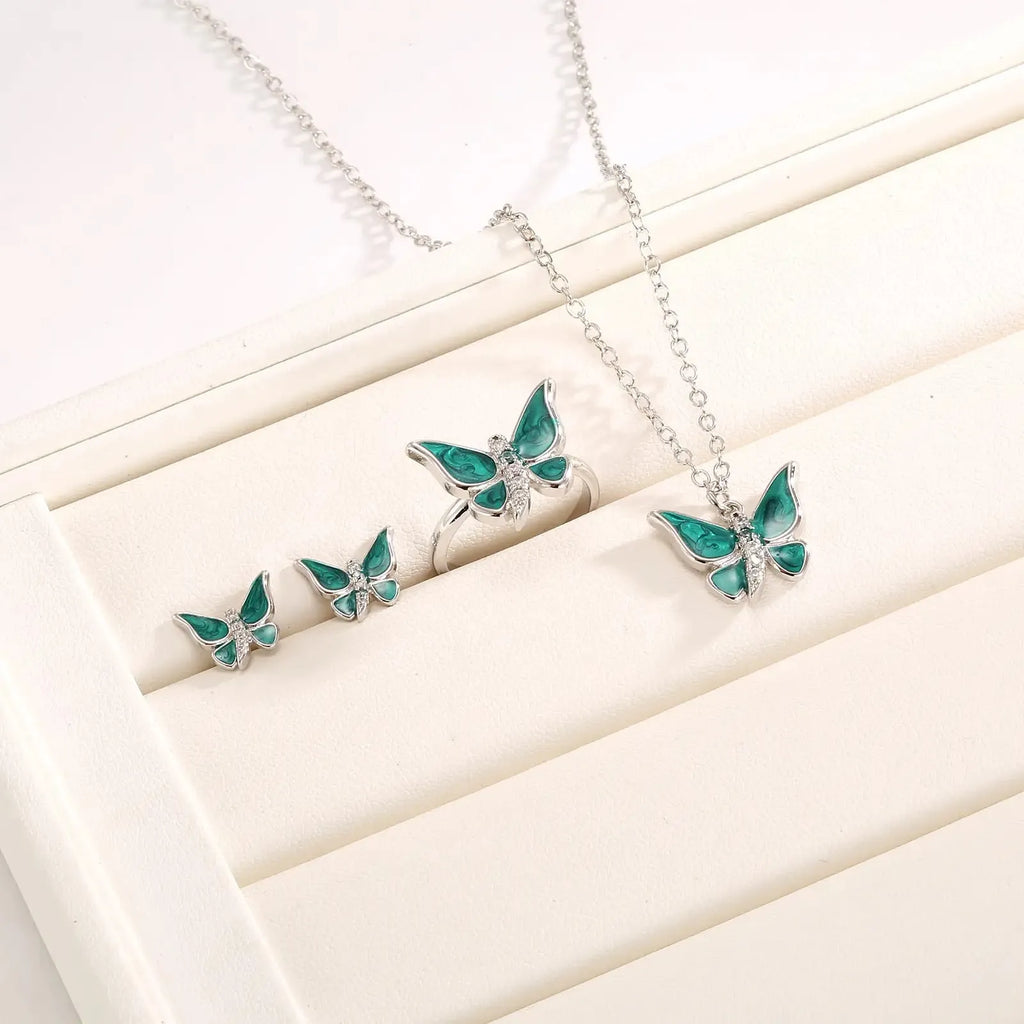 Enchanted Pink Butterfly Jewelry Set – Necklace, Earrings &amp; Adjustable Ring (3-Piece)