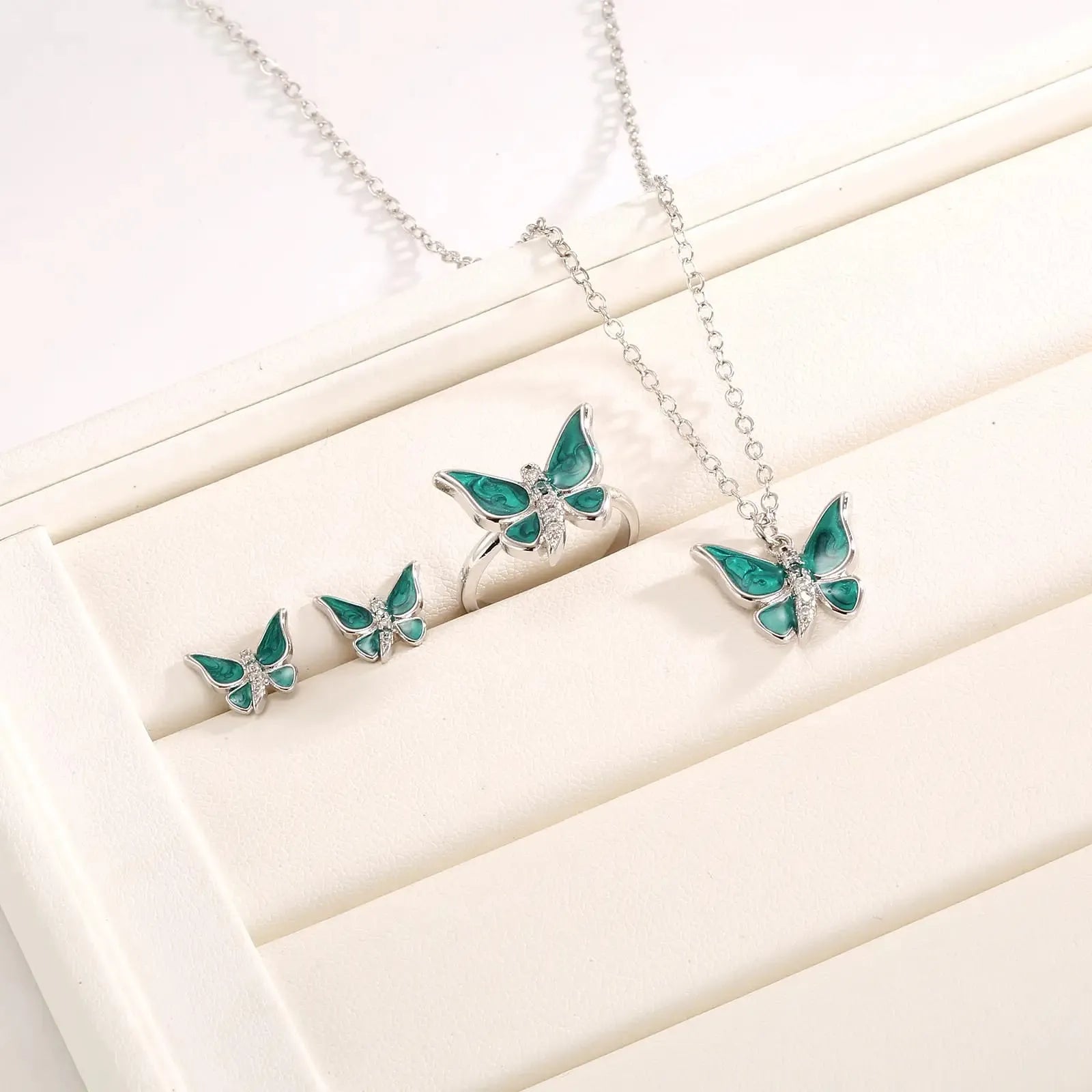 Enchanted Pink Butterfly Jewelry Set – Necklace, Earrings &amp; Adjustable Ring (3-Piece)